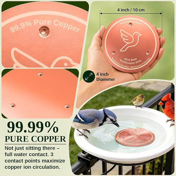 Copper Disc for Bird Bath, 99.9% Pure Copper (Dove) | Triple Point Support, Fits Bird Baths & Bowls, Reduces Mineral Buildup, Gift for Bird Lovers, Outdoor Garden Use