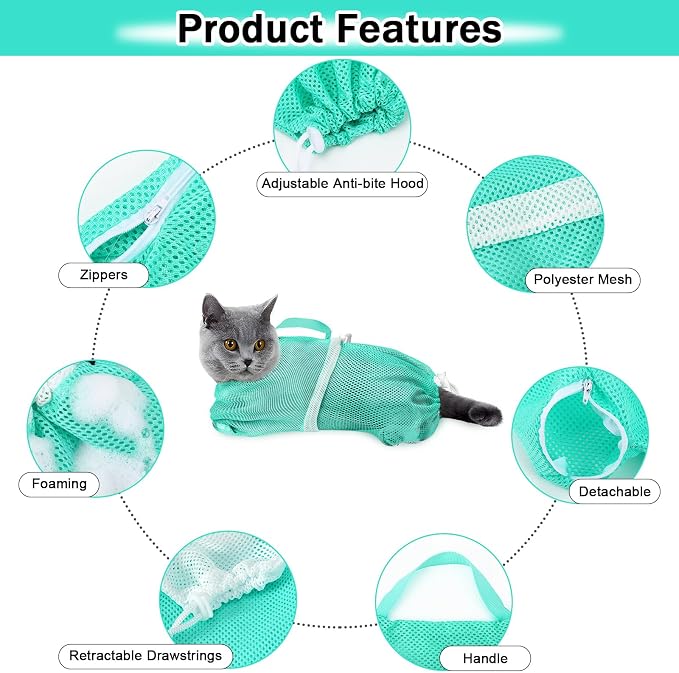 JULMELON Cat Bathing Bag Kit Adjustable Mesh Cat Washing Bag with Nail Clippers Nail File Brush Comb Tick Remover Tool Pet Grooming Bag for Cats and Small Dogs