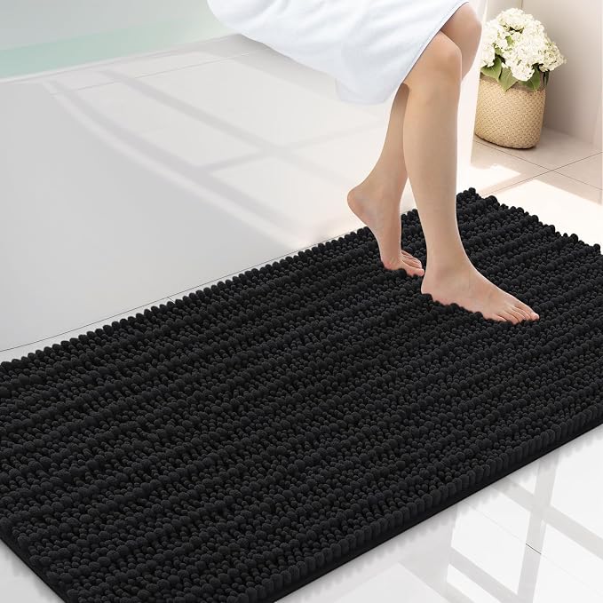 Smiry Bathroom Rugs Mat 44x24, Extra Soft Absorbent Chenille Bath Rugs, Non Slip Rubber Backing Machine Washable Quick Dry Bath Mats for Bathroom Floor, Tub, Shower, Home Decor Accessories, Black