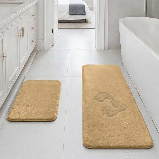 HUXMEYSON Bathroom Rugs Sets 2 Piece, Non-Slip & Quick Dry Bath Mat Set, Ultra Soft Velvet Bath Rugs for Bathroom, Toilet and Shower Floor, Khaki