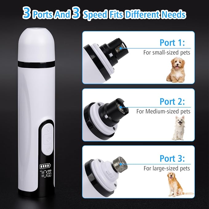 Pet Nail Grinder for Dogs and Cats - Super Quiet and Low Vibration Electric Dog Nail Grinder with 2 LED Lights - USB Rechargeable and Cordless - 3 Speeds - Small to Large Pets (White)