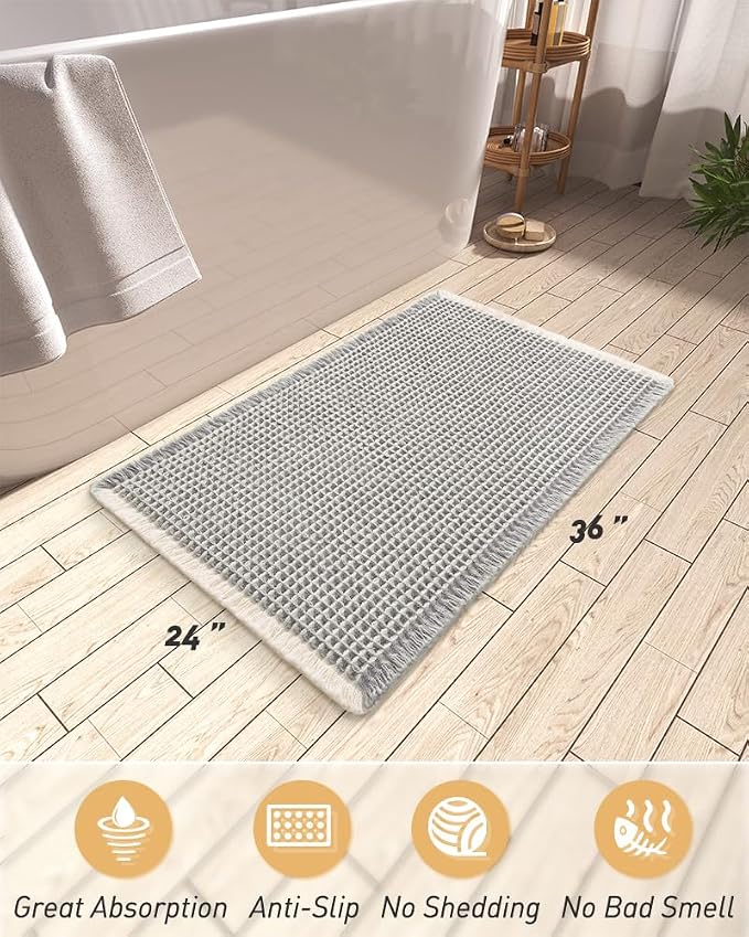 Upgraded Waffle Bath Mat, Super Absorbent Non Slip Bath Mats for Bathroom Floor, Machine Washable Bathroom Rugs with Tassels, Rubber Backed Bathroom Mats, Ultra Soft, 24" x 36",LightGrey & Cream