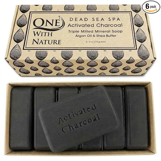 One With Nature Activated Charcoal Soap 4oz 6-Pack Gift Box – Detoxifying and Exfoliating Charcoal Soap Bar with Dead Sea Salt for Face & Body, for Men & Women