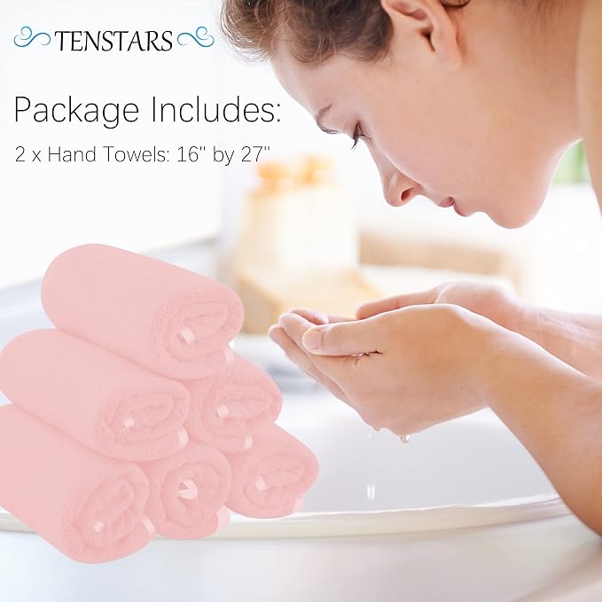 TENSTARS Silk Hemming Hand Towels for Bathroom - Quick Drying - Ultra Soft Microfiber Absorbent Towel for Bath Fitness, Gym, Shower, Hotel, and Spa - 16x28 Inch | Set of 6, Pink