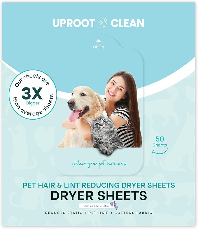 Uproot Clean Dryer Sheets Pet Hair Reducing (50 Pcs) Summer Wisteria Scent: The Ultimate Pet Hair Dryer Sheets for Homes With Animals - Reduces the Static Clinging of Fur - Gentle on Sensitive Skin