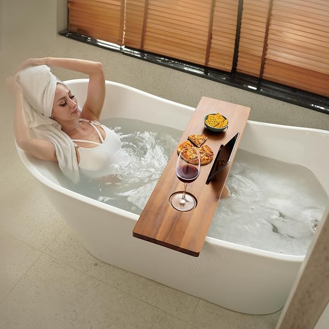 Tinamo Acacia Bathtub Caddy Tray Table | 35x9 Inch Large Bath Tub Wooden | Anti-Tipping, Sustainable Tub Tray for Bath tub | Bath-tub Accessories Holders for Bath-tub (Acacia, 35" x 9" x 2.5") | Acacia Wood, 35" x 9" x 2.5", Custom Legs, Phone/Tablet &...