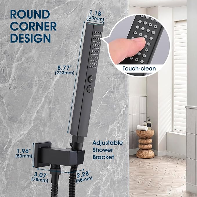 All-Metal High Pressure Square Handheld Shower Head with Jet Spray and Rainfall Modes, Volume Control Regulator, ON/OFF Switch, Hose and Wall Mounted Adjustable Bracket (Matt Black)