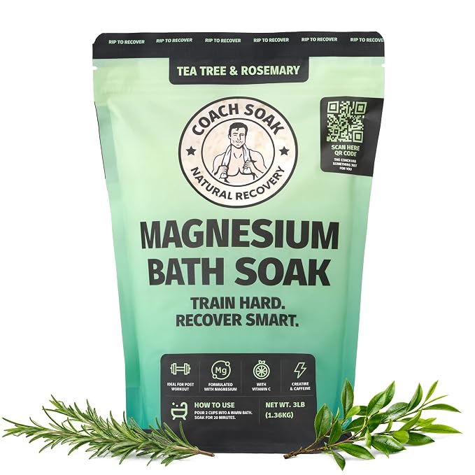 Coach Soak Recovery Bath Soak - Alternative to Epsom Salt Bath Soak - Fast-Absorbing Pure Magnesium Flakes & Dead Sea Salt with 21 Minerals, Bath Salts & Essential Oils - 3 lb, Tea Tree & Rosemary