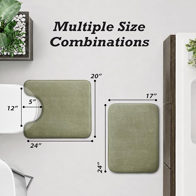 HUXMEYSON Bathroom Rugs Sets 2 Piece, Non-Slip & Quick Dry Bath Mat Set, Ultra Soft Velvet Bath Rugs for Bathroom, Toilet and Shower Floor, Olive Green