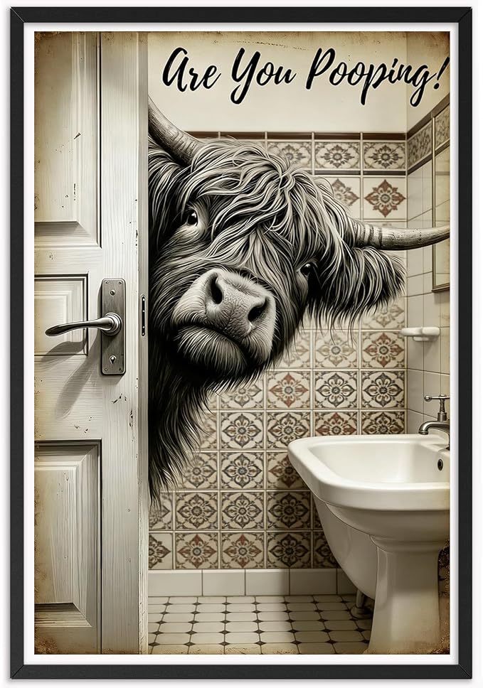 Funny Highland Cow Bathroom Wall Art Humorous Are You Pooping? Poster Vintage Farmhouse Restroom Print Aesthetic Wall Decor for Powder Room Apartment Family Bathroom 16X24 in Wrapped Framed
