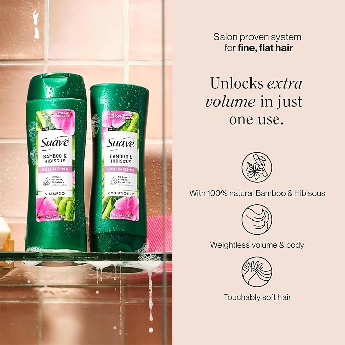 Suave Shampoo and Conditioner Set, Bamboo & Hibiscus – Volumizing Hair Products for Flat, Fine Hair, 12.6 Oz Ea