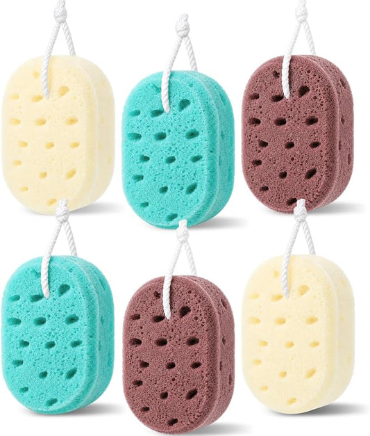FoldTier 6 Pcs Exfoliating Bath Sponge Body Loofah Sponges for Shower Women Reusable Soft Bathing Pouf Foam Lufa Body Scrubber and Rich Lather, Color Matching (Coffee Brown,Cyan,Beige)