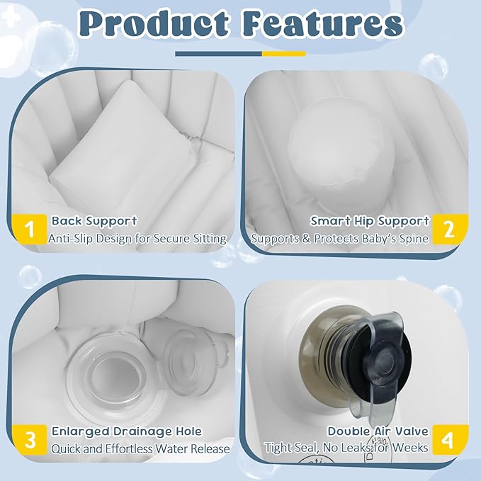 Inflatable Baby Bathtub, Collapsible Baby Bath Back Support, Portable Newborn Travel Bath tub with Drain Hole, Foldable Baby Bath Tubs for Infant to Toddler 0-24 Months (Grey)