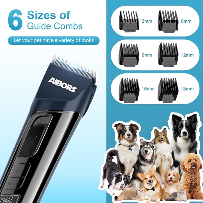 Dog Clippers for Grooming, 5 Speed & Self-Sharpening Blade, Cordless Low Noise Rechargeable 2600mAh 5H Runtime, LCD Display, 6 Guide Combs for Dogs Cats(Blue)