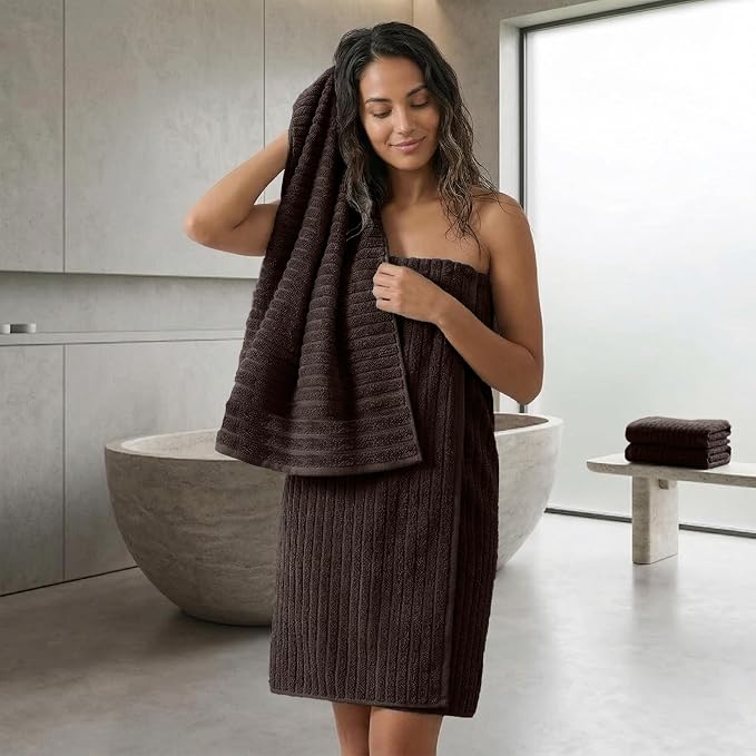 RIVERSIDE Pack of 2 Extra Large Bath Sheet Towels, 35 x 70 Inches, 600 GSM, Ribbed Stripe, 100% Cotton - Super Soft, Highly Absorbent & Quick Dry for Bathroom, Spa & Hotel, Brown