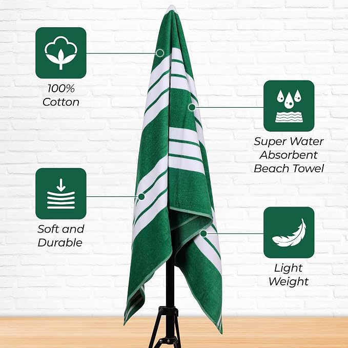 Superior Cotton Cabana Striped Beach Towels, Colorful Towels for Adult, Kid, Pool, Swimming, Sand, Travel, Large Oversized, Absorbent, Fast Drying, Bath Basics, Cabana Collection, 1 Piece, Dark Green