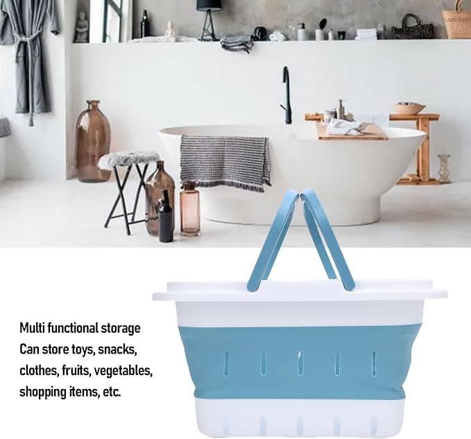 Brrnoo Folding Storage Basket, Bathtub Toy Storage Basket, Quick Drain Toy Organizer for Bathroom Kids Toys, Travel with Family Car Trunk Fruits Vegetables (Blue)