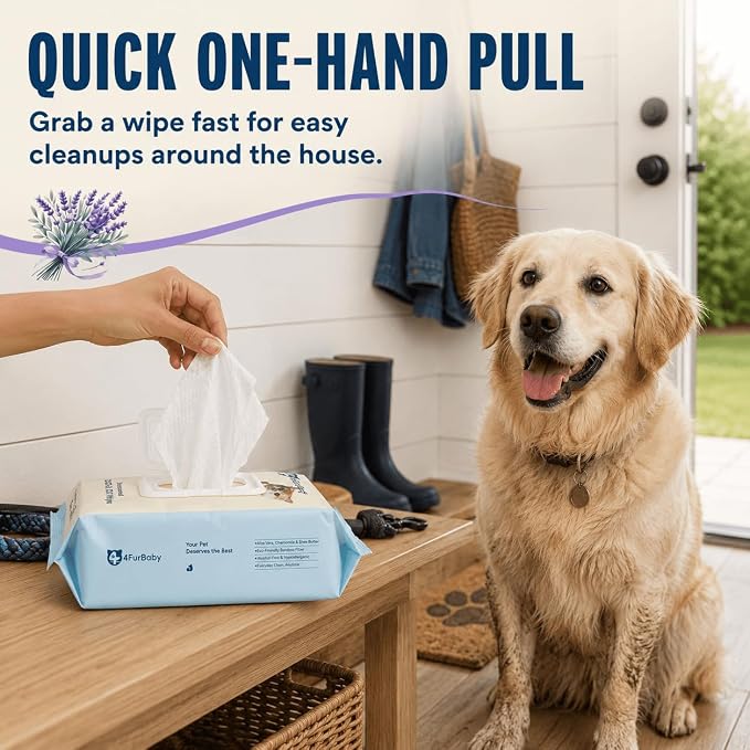 Dog Grooming Wipes for Paws and Butt, Lavender,100 Count | 8" x 8" hypoallergenic wipes with hydrating formula for cleaning, deodorizing, and daily pet grooming