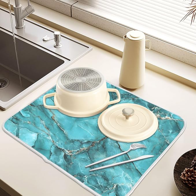 Teal Marble Pattern Dish Drying Mat, Absorbent Drainer Mats for Kitchen Counter Coffee Maker 24"x18"