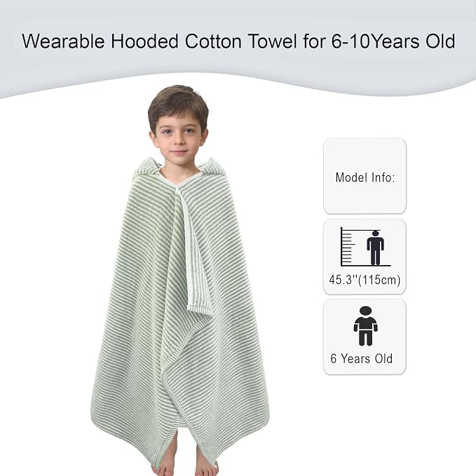VOOVA & MOVAS Hooded Bath Towels for Kids | Soft Absorbent 100% Cotton Thick Towel Wrap | Versatile Beach, Pool, Swim & Bath Cover-Up | Green White Thin Horizontal Stripe