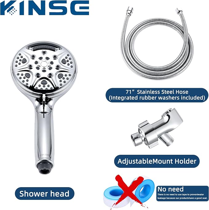 KINSE High Pressure Shower Head with Hose,9-Mode Handheld Shower Head, 5" Shower Head with 71" Extra Long Shower Hose & Adjustable Bracket,Built-In Power Wash to Clean Tub, Tile & Pets