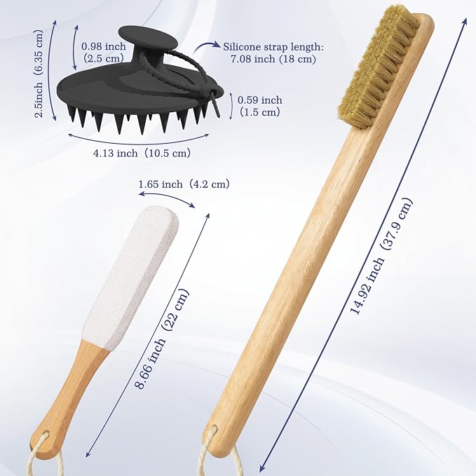 Manmihealth Silicone Back Scrubber & Soft Shower Brush, Silicone Scalp Massager, Wooden Foot Files Brush Set 7 PCS, Whole Body Scrubber & Shampoo Brush Combination, with 4 Free Hooks (Style 2 Black)