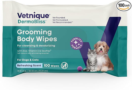 Vetnique Furbliss/Dermabliss Pet Wipes for Dogs & Cats for Grooming, Cleansing & Deodorizing, Thick Dog Wipes for Convenient Dog Cleaning with Natural Deodorizer, 100ct (NEW Refreshing Scent)