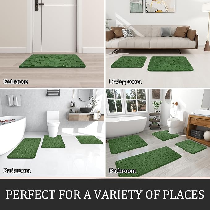 YIHOUSE Bathroom Rugs Mat Set, Memory Foam Bath Mat 2 Piece Green | 17x24&20x32, Non Slip, Water Absorbent, Washable, Bath Mat For Bathroom, Sink and Toilet