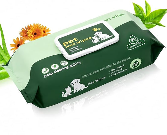 Pet Wipes for Paws and Butt Unscented Hypoallergenic Dog Wipes Gentle Earth-Friendly 50 PCS Cleaning Wipes for Puppies,Kittens & Senior Pets Deodorizing Waterless Bathing Wipes | Cleansing & Deodorizing Unscented Plant-Based Hypoallergenic Pet Wipes