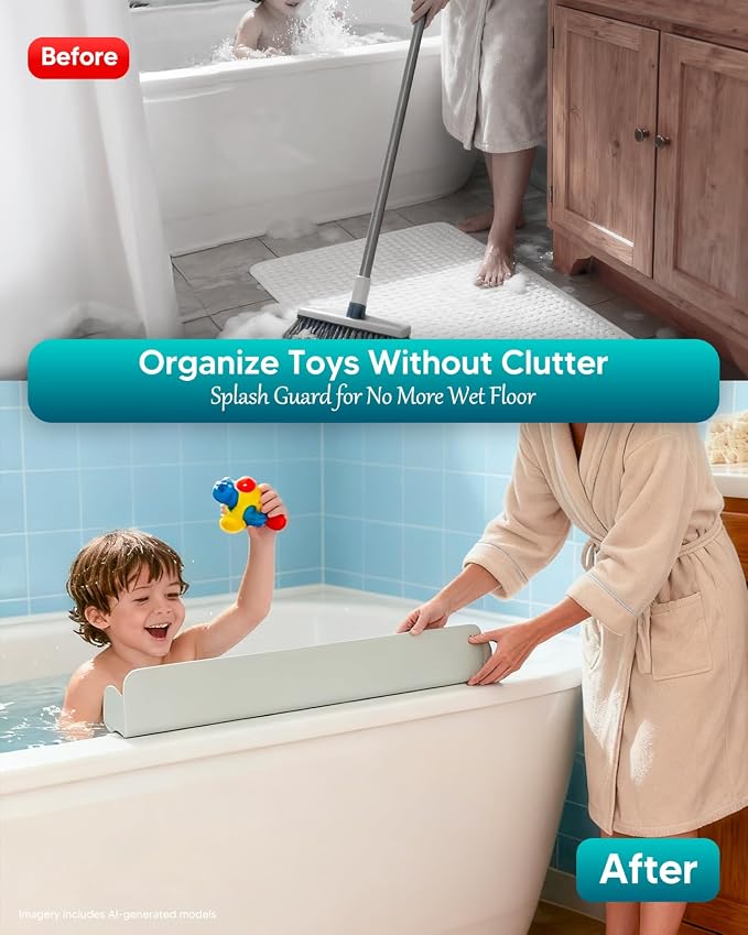 Silicone 24 Inch Bathtub Splash Guard, Grey | Bath Tub Tray with 10 Strong Suction Cups, athtub Shelf Toy Holder, Prevent Water Spills in Bathroom, Easy Clean & Fold