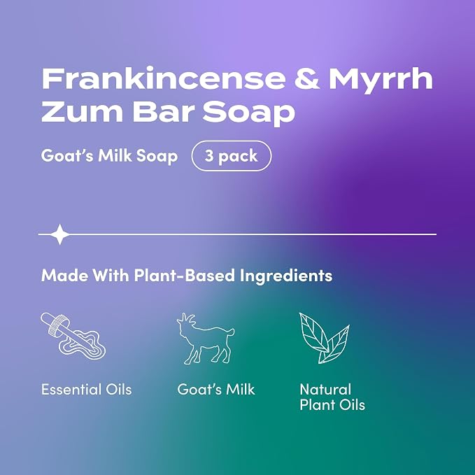 Indigo Wild Zum Goat's Milk Soap Bar - Bar Soap for Hands & Body Made with Essential Oils - 3 oz - Frankincense & Myrrh (3 Pack)