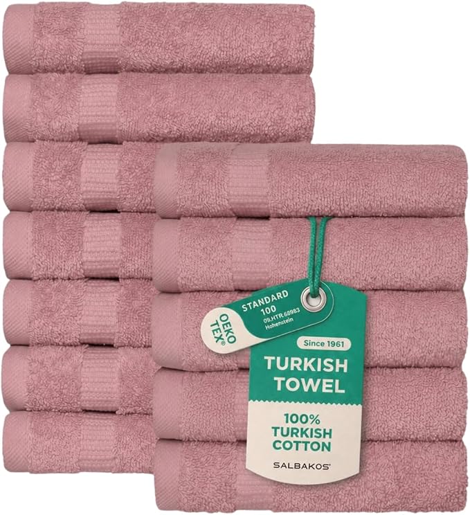 SALBAKOS 100% Turkish Cotton Washcloth Set of 12 13x13 inch | Heirloom Quality | Hotel & Spa Collection | Ultra Soft, Super Absorbent, Washcloth Towels | Made in Turkey (Rose, 12 Washcloths)