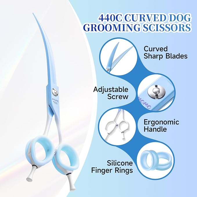 7'' Curved Dog Grooming Scissors Blue to White Gradient | 440C Stainless Steel, Sharp Durable, Professional or Home Use, Ergonomic Handle with 2 Silicone Finger Rings