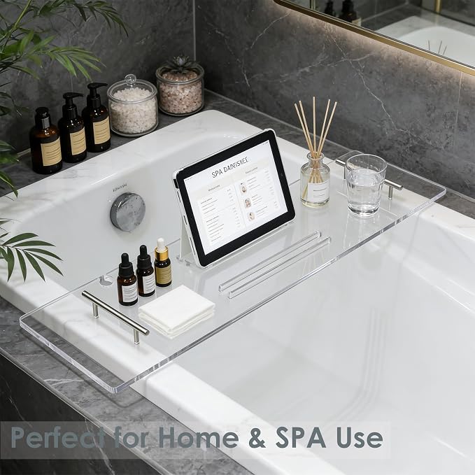 Bathtub Tray, Bath Tray for Tub, Acrylic Bath Caddy Tray for Bathtub, for Tub Luxury Spa with Tablet Slots and Wine Glass Hole, Bathroom Accessories for Decorative Bathtubs (31.5 * 9.45in)