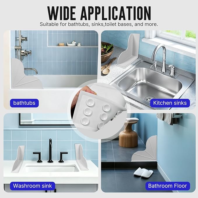BUCABUCA 2-Pack Silicone Shower Splash Guard with Strong Suction Cups, No Adhesive L-Shaped Bathroom Water Splash Blocker, Reusable Silicone Water Guard for Bathtub, Washbasin, Kitchen Sink (Grey)