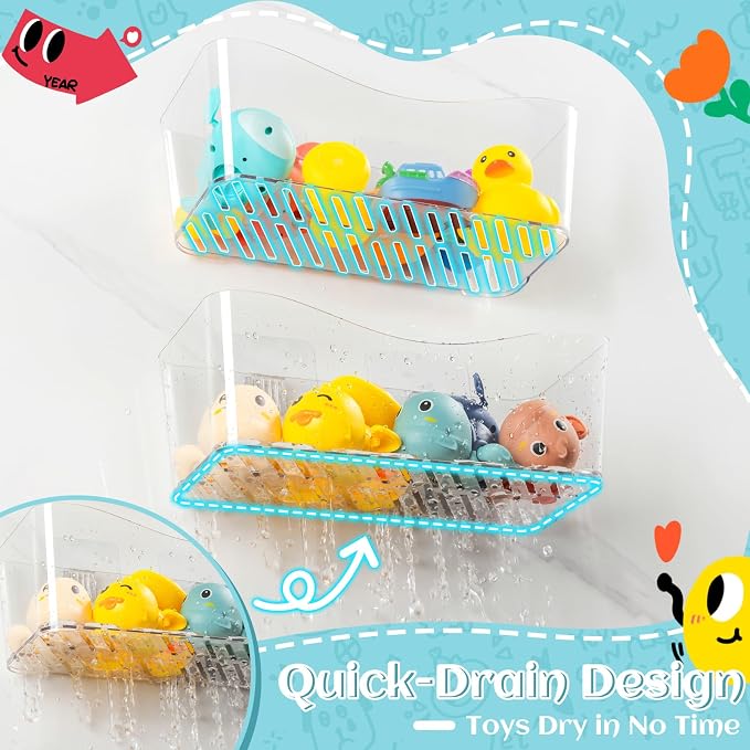 MIUKAA 2 Pack Large Bath Toy Storage Organizer, Clear Bath Toy Holder for Bathtub, Plastic Shower Toy Holder, Fast Drainage, No Drilling Required, Easy to Install