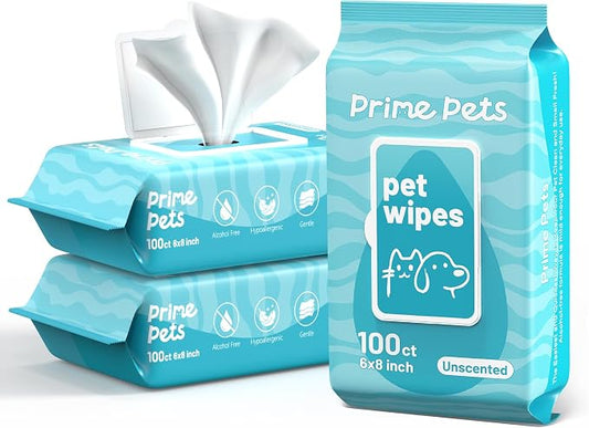 Prime Pets Dog Wipes for Paws and Butt, 300 Count, 8" x 6" Pet Grooming Wipes for Dogs Cats Cleaning Deodorizing, Unscented Dog Paw Wipes, Puppy Wipes for Face Bum Eyes Ears Teeth