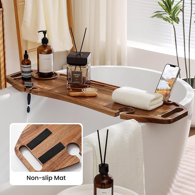 Bathtub Tray with Accessories Holder and Storage, Non-Slip Bath Tray for Tub and Bathroom Relax or Spa, 35 Inches Acacia Wooden Tray, Perfect Bath Companion Gift for Girl Friend Mother and Family.