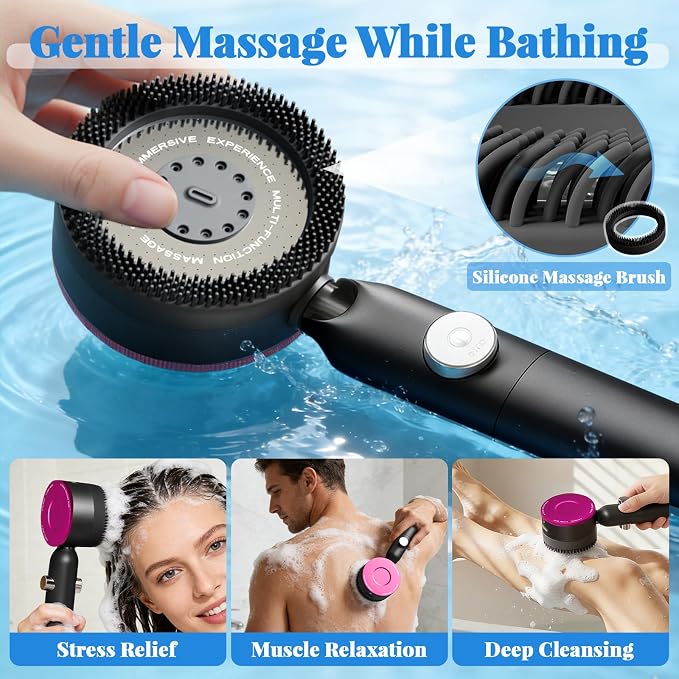 Filtered Handheld Shower Head, High Pressure Power Showerhead with 5 Filters & 59" Flexible Hose, 360° Rotating Adjustable Shower Head with Wall Holder & ON/Off Switch for Hair & Skin, Black