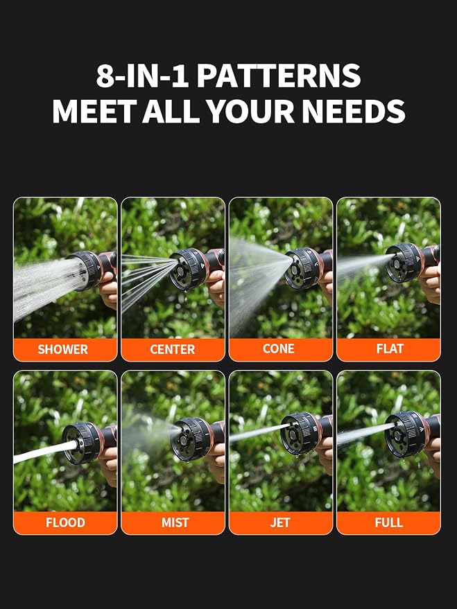 Garden Hose Nozzle, Metal Water Spray Nozzle with 8 Spray Patterns & Thumb Control, Heavy Duty Full Shower Water Nozzle for Lawn & Plant Watering, Car & Pet Washing, Black