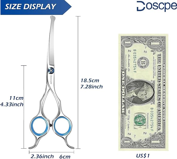 Curved Dog Grooming Scissors 7.28 inches Round Tips Pet Grooming Shears for Dog Cat on Face Paw Hair Trimming Right Left Handed