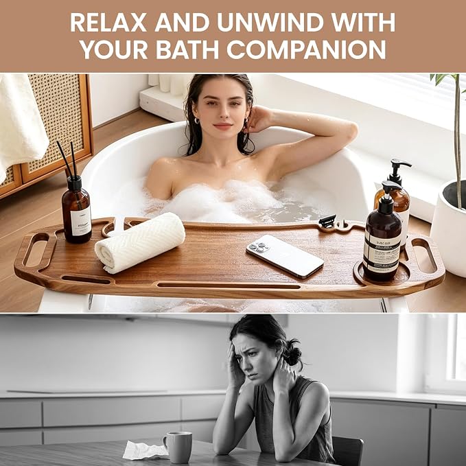 Bathtub Tray with Accessories Holder and Storage, Non-Slip Bath Tray for Tub and Bathroom Relax or Spa, 35 Inches Acacia Wooden Tray, Perfect Bath Companion Gift for Girl Friend Mother and Family.