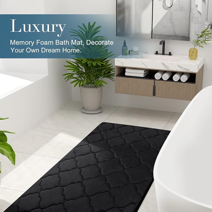 OLANLY Memory Foam Bath Mat Rug 59x24, Ultra Soft and Absorbent Bathroom Rugs, Non-Slip, Comfortable, Machine Washable Bath Carpet for Bathroom Floor, Tub, Shower and Home Decor Accessories, Black