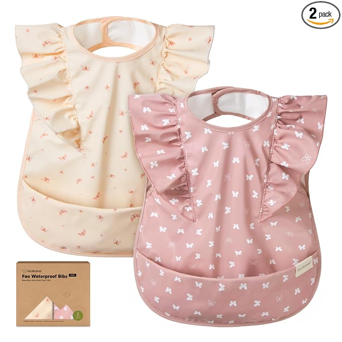 KeaBabies Waterproof Bibs for Baby Girl,Boy – 2-Pack Lightweight, Large Baby Bibs for Eating, Wearable Food Catcher, 6-12 Months Infant Feeding Essentials, Smock for Toddlers 1-3, Kids (Butterflies)