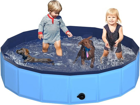 CACSPS 79" x 12" Foldable Dog Pool - Collapsible Hard Plastic Kiddie Pool for Dogs & Kids, Non-Slip Pet Bath Tub for Outdoor Backyard Use, Lightweight & Portable (Blue)