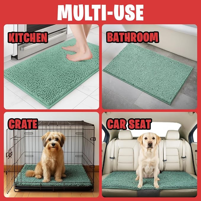 MUDGUARD MAT® Dog Door Mat for Muddy Paws, Super Absorbent Microfiber, Non-Slip Indoor Mat, Quick-Dry Chenille Rug for Pets & Entryway, Machine Washable, Sea Green 24" x 60"