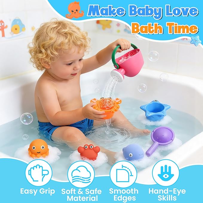 9 PCS Baby Bath Toys for Kids Ages 1-3, Mold Free Toddler Bath Toys for 2-4 with 3 No Hole Squeezing Marine Animals Toys, Bathtub Beach Sand Water Table Toys for 1 2 3 Years Old Girls Boys Gifts