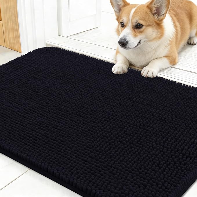 OLANLY Dog Door Mat for Muddy Paws 24x16, Absorbs Moisture and Dirt, Absorbent Non-Slip Washable Doormat, Quick Dry Chenille Mud Mat for Dogs, Entry Indoor Entryway Carpet for Inside Floor, Black
