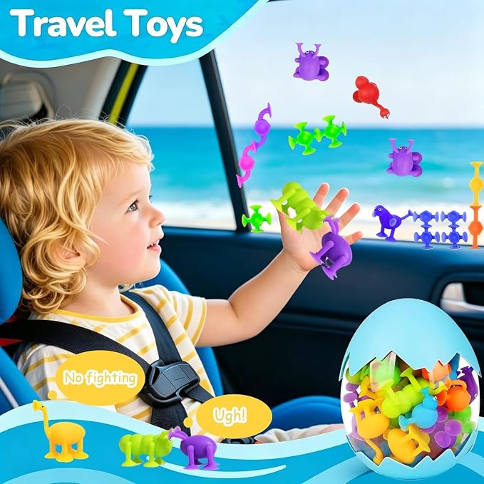 Suction Cup Toys, Bath Toys for Kids Ages 3-5 4-8, Travel Toy Mold Free Sensory Fidget Toys Airplane Toys for Boys Girls Toddlers 1-3 Egg Container (Small)