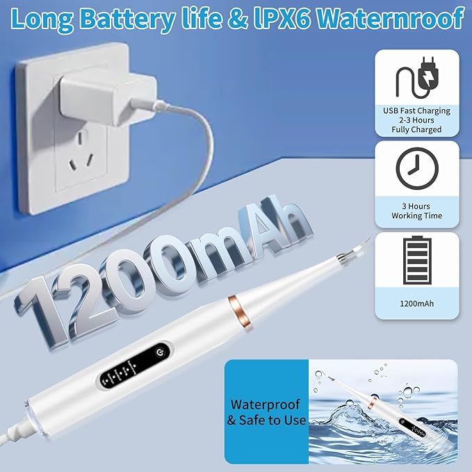 Dog Tartar Remover for Teeth, Dental Tools to Remove Plaque and Tartar, Pet Teeth Cleaning Kit with LED Light & USB, 5 Modes, IPX6 Waterproof, Silent Sonic for All Dogs and Cats, White
